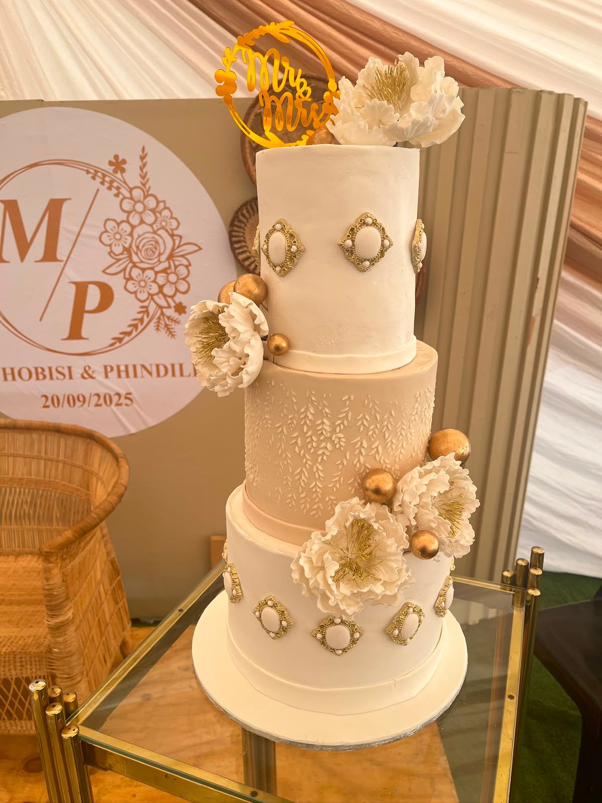 Champagne Cameo Wedding Cake by Baked by Buhlebenkosi